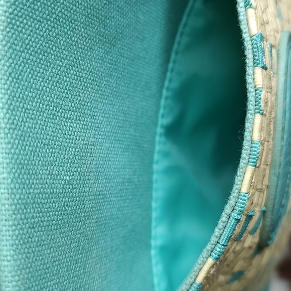 Vintage Tommy Hilfiger Straw & Cloth Handbag Turquoise Blue and Soft Tan - Picture 7 of 16